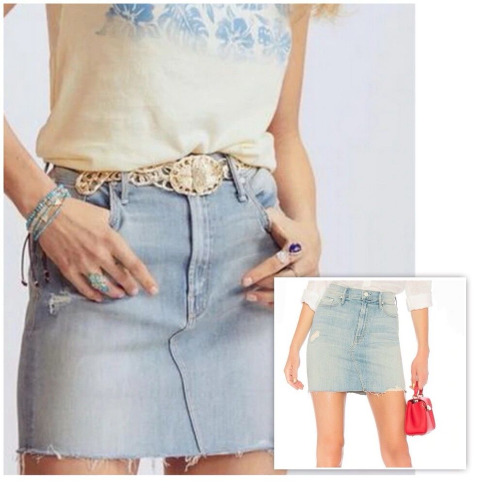 MOTHER The Sacred Mini Fray Skirt Womens 29 Light wash Denim Raw Hem Distressed